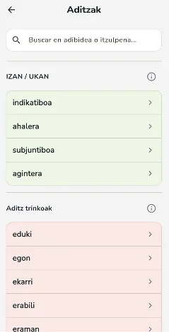Pantalla de consulta de verbos en euskera dentro de Aditzak