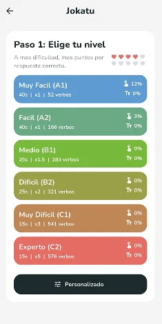 Pantalla de juego por niveles de Aditzak para practicar verbos en euskera